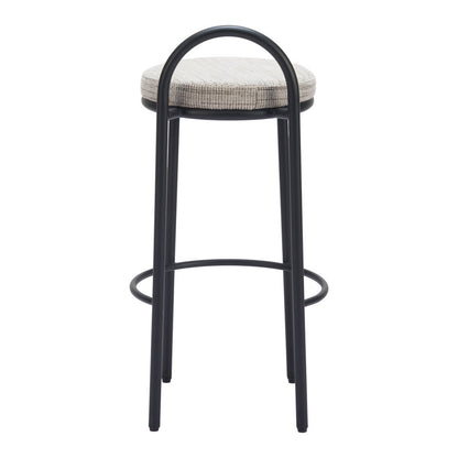 Set of Two 30" Beige and Black Chenille and Steel Low Back Bar Height Bar Chairs