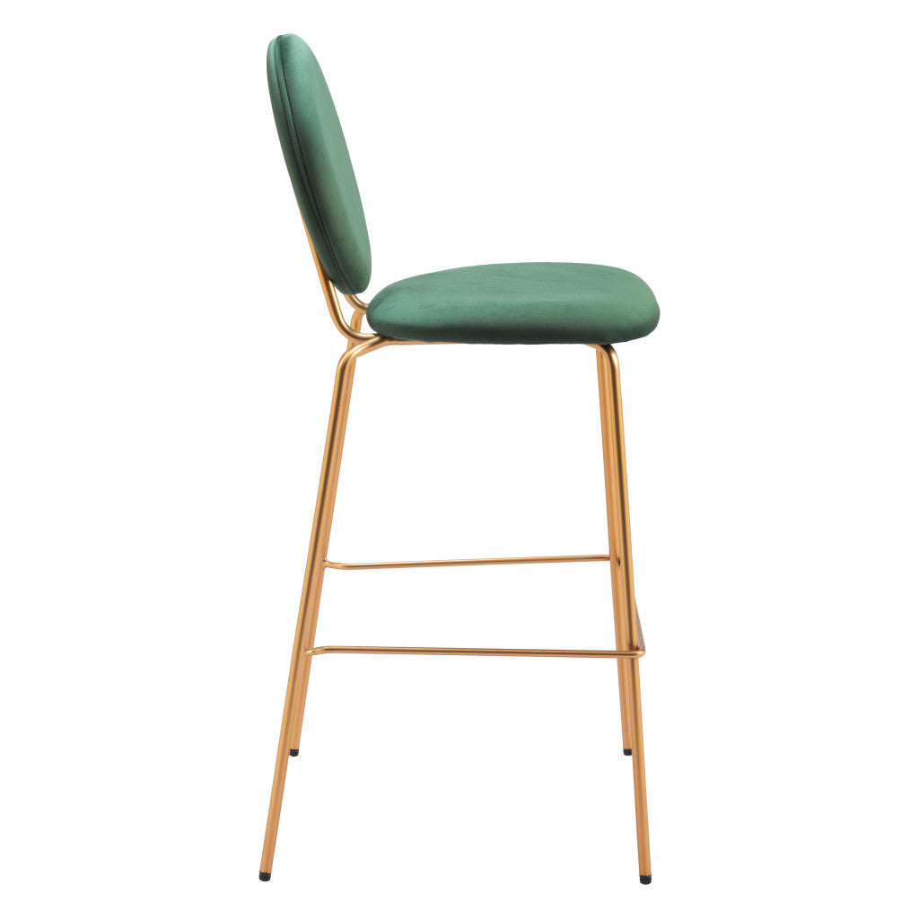 Set of Two 30" Green and Gold Velvet and Steel Bar Height Bar Chairs