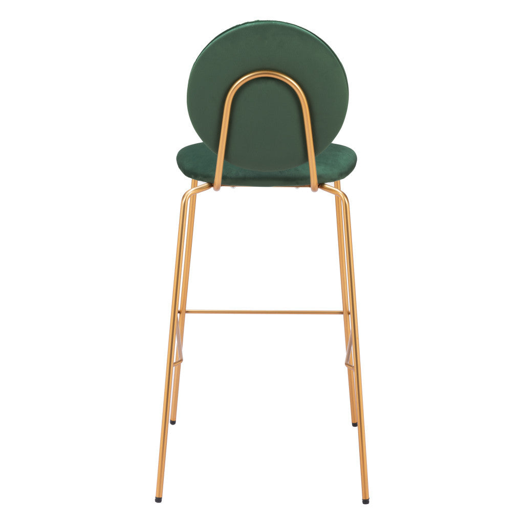 Set of Two 30" Green and Gold Velvet and Steel Bar Height Bar Chairs