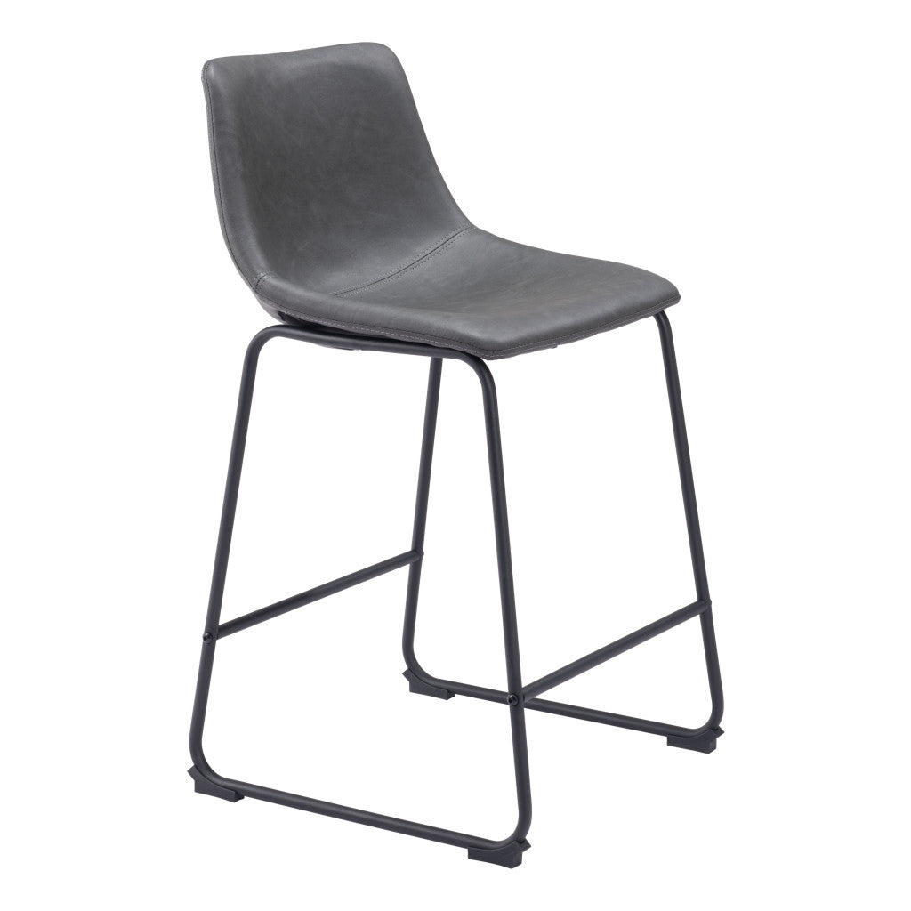 Set of Two 24" Charcoal and Black Faux Leather and Steel Counter Height Bar Chairs