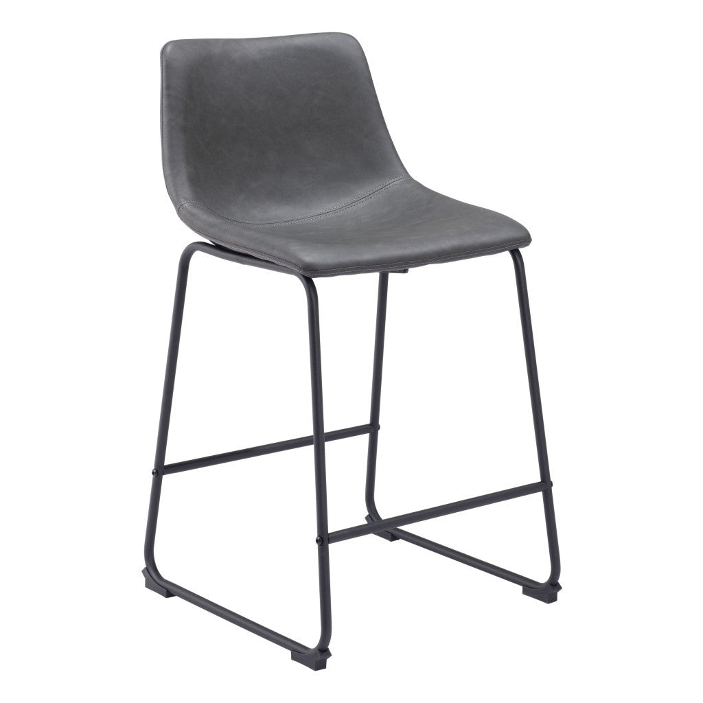 Set of Two 24" Charcoal and Black Faux Leather and Steel Counter Height Bar Chairs
