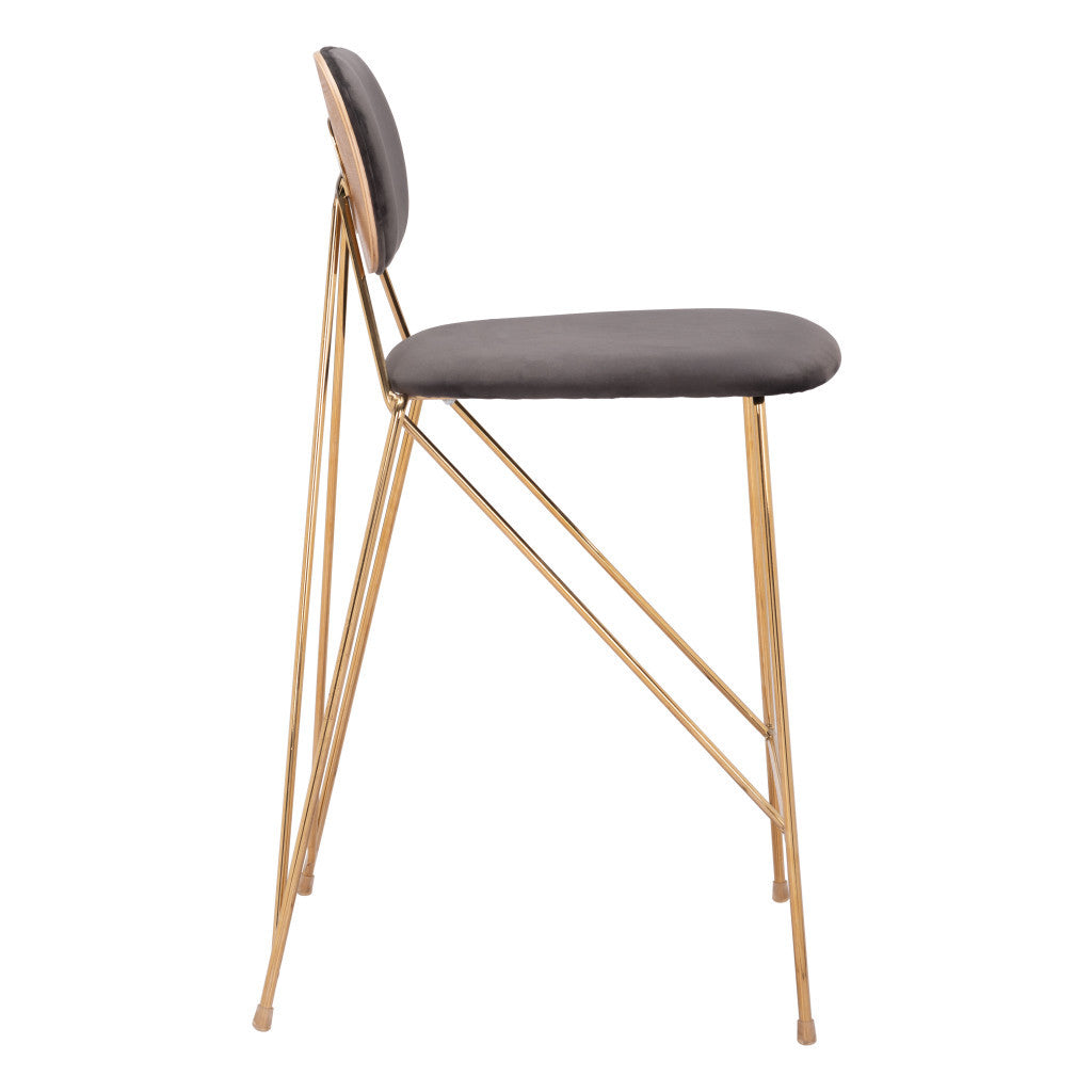 Set of Two 26" Gray and Gold Velvet and Steel Low Back Counter Height Bar Chairs