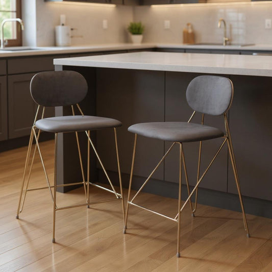 Set of Two 26" Gray and Gold Velvet and Steel Low Back Counter Height Bar Chairs