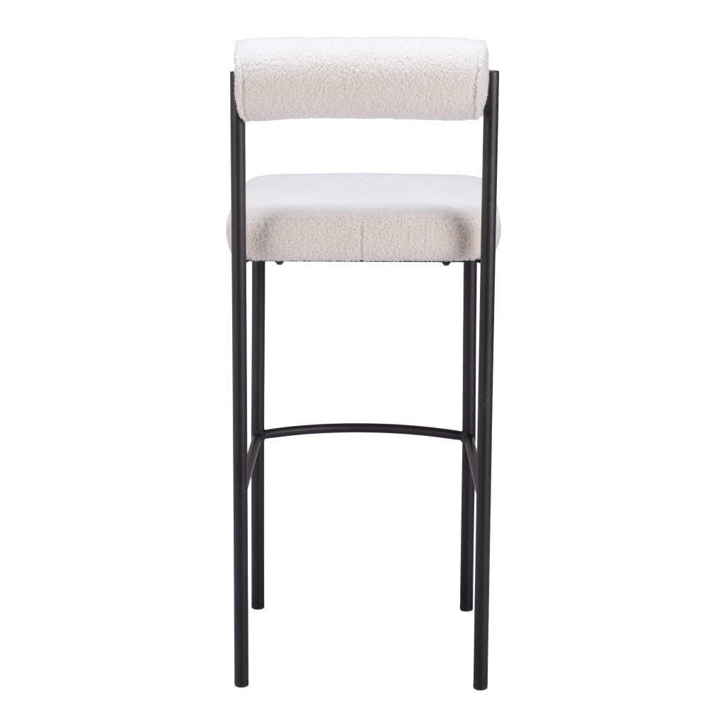 Set of Two 30" Ivory and Black Shearling and Steel Low Back Bar Height Bar Chairs