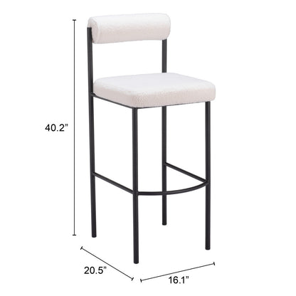 Set of Two 30" Ivory and Black Shearling and Steel Low Back Bar Height Bar Chairs
