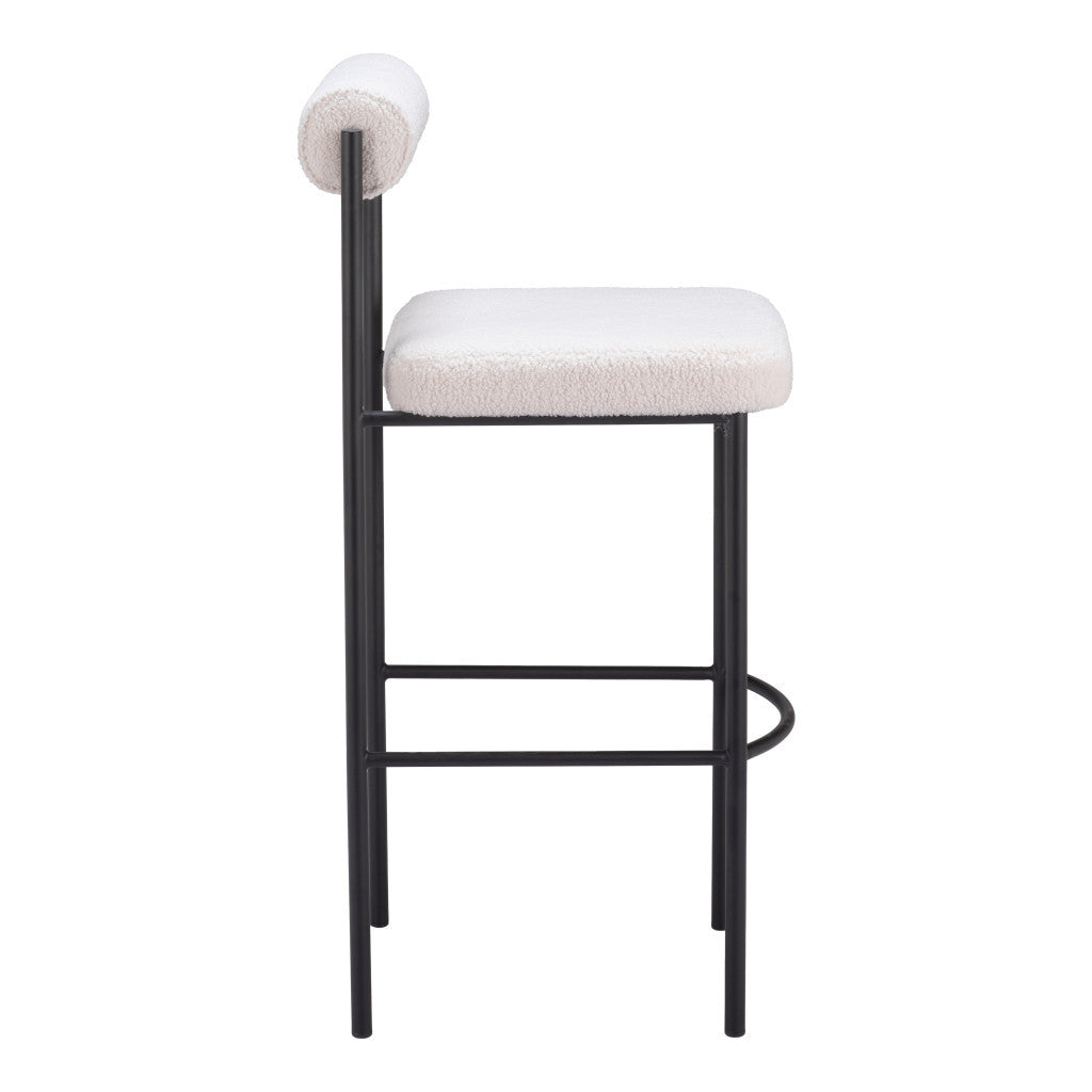 Set of Two 30" Ivory and Black Shearling and Steel Low Back Bar Height Bar Chairs