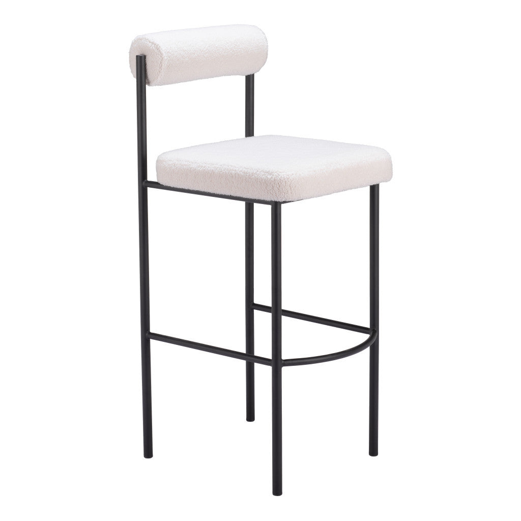 Set of Two 30" Ivory and Black Shearling and Steel Low Back Bar Height Bar Chairs