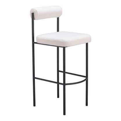 Set of Two 30" Ivory and Black Shearling and Steel Low Back Bar Height Bar Chairs