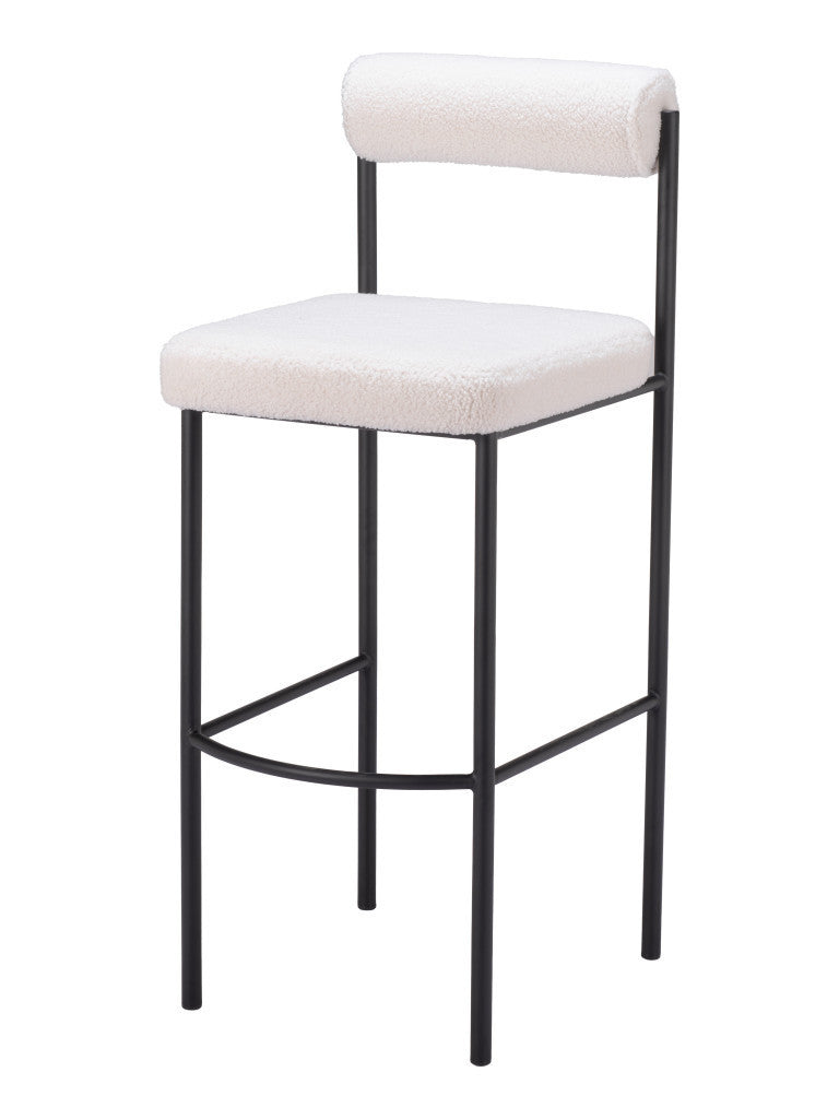 Set of Two 30" Ivory and Black Shearling and Steel Low Back Bar Height Bar Chairs