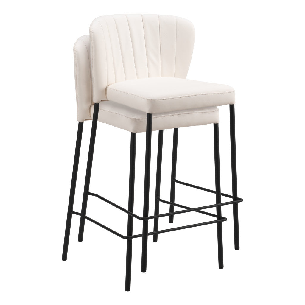 Set of Two 26" Cream And Black Faux Leather And Steel Counter Height Bar Chairs