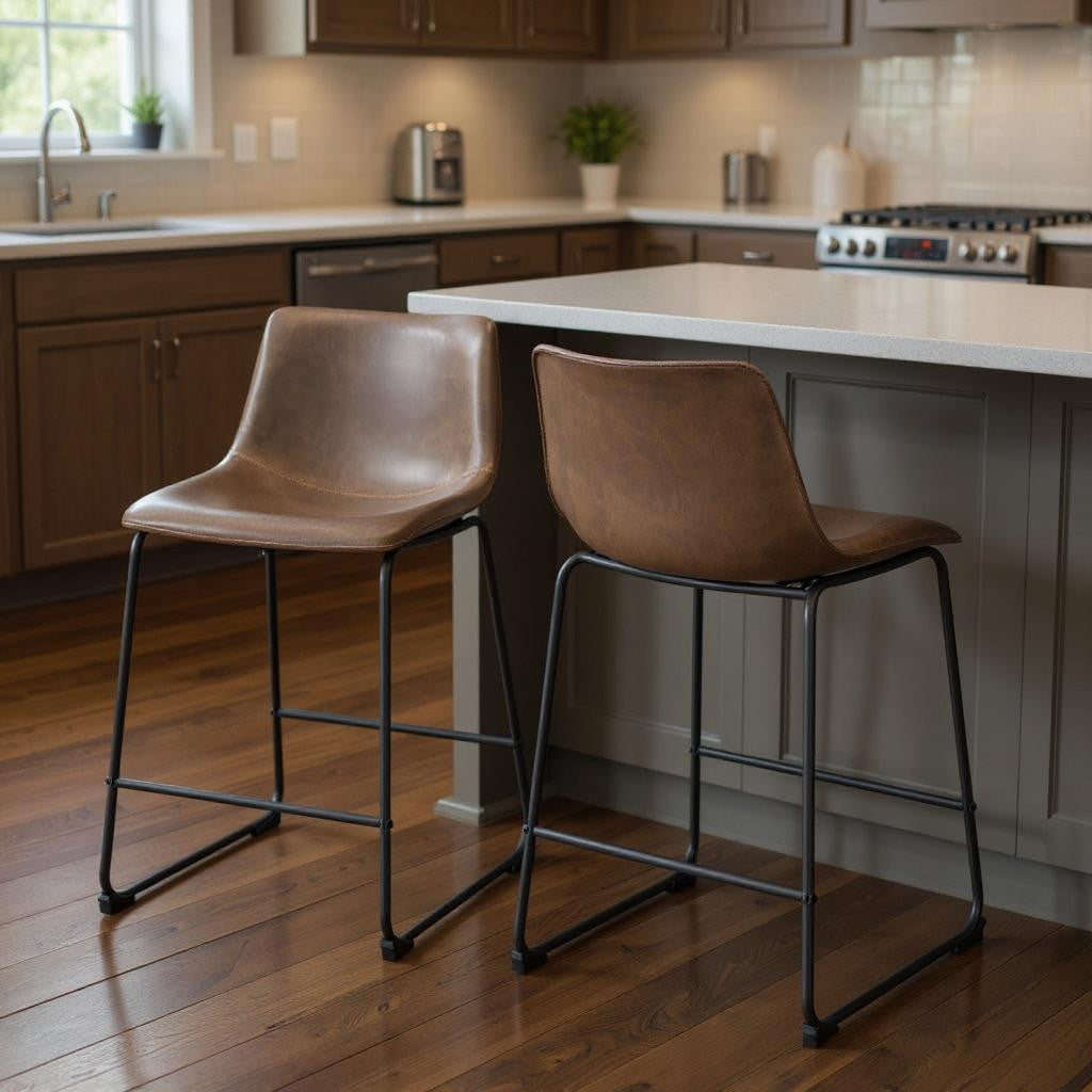 Set of Two 24" Espresso and Black Faux Leather and Steel Counter Height Bar Chairs