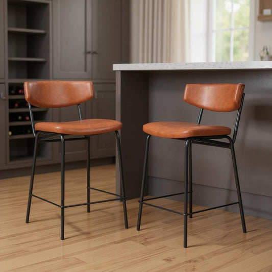 Set of Two 30" Brown and Black Faux Leather and Steel Low Back Bar Height Bar Chairs