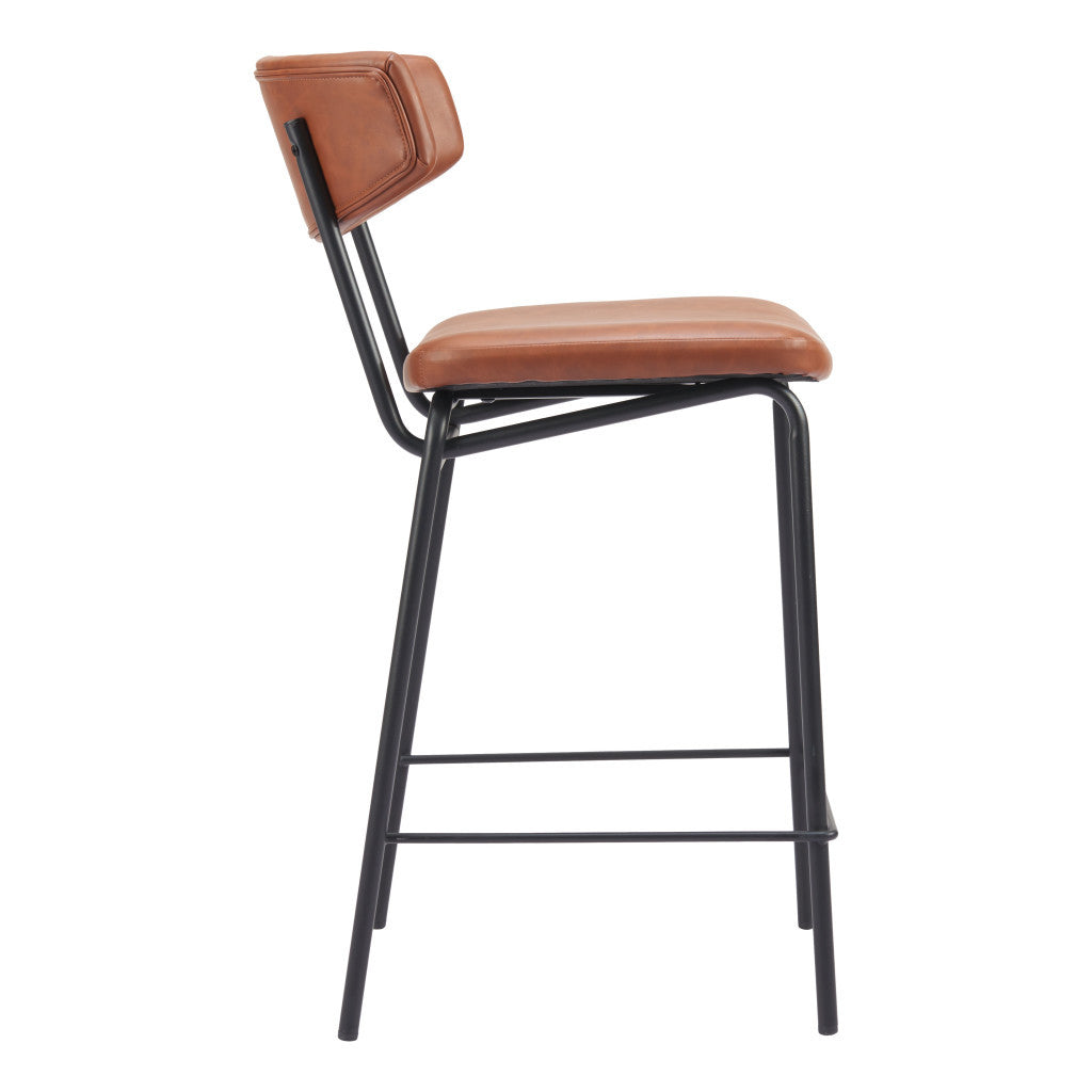 Set of Two 30" Brown and Black Faux Leather and Steel Low Back Bar Height Bar Chairs
