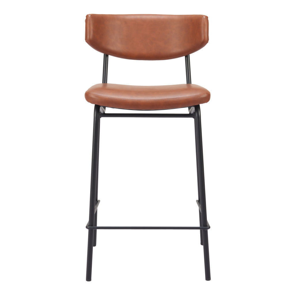 Set of Two 30" Brown and Black Faux Leather and Steel Low Back Bar Height Bar Chairs