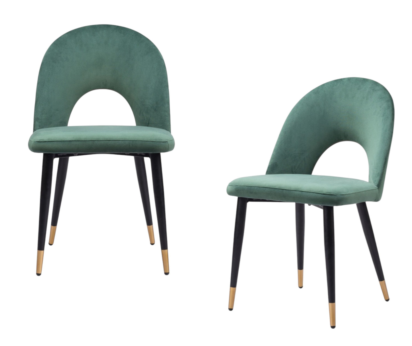 Set of Two Green Black and Gold Upholstered Velvet Open Back Dining Side Chairs