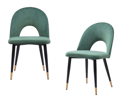 Set of Two Green Black and Gold Upholstered Velvet Open Back Dining Side Chairs