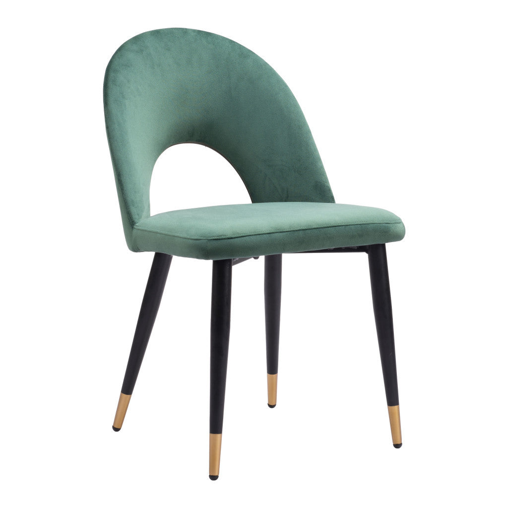 Set of Two Green Black and Gold Upholstered Velvet Open Back Dining Side Chairs