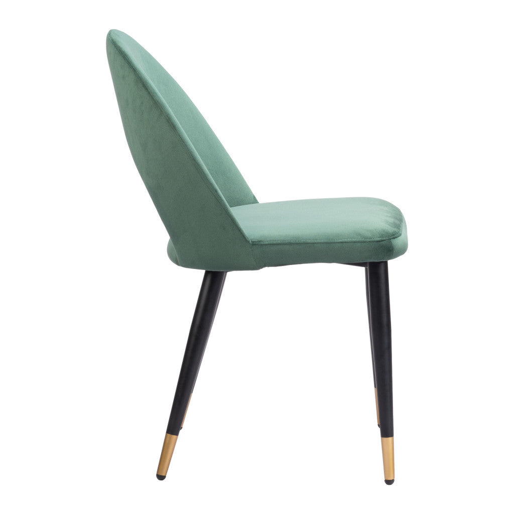Set of Two Green Black and Gold Upholstered Velvet Open Back Dining Side Chairs