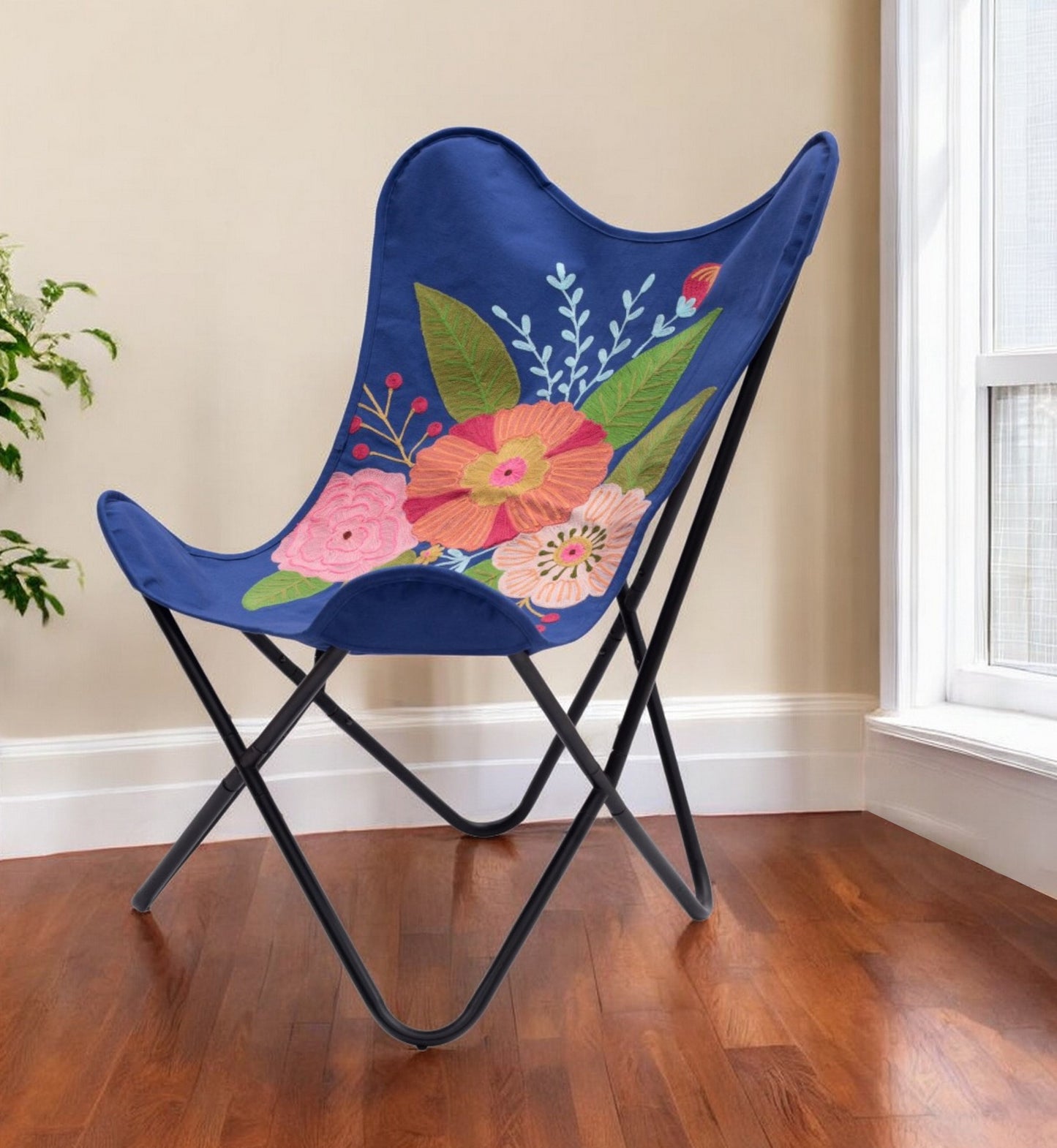 26" Blue And Black Tropical Butterfly Chair