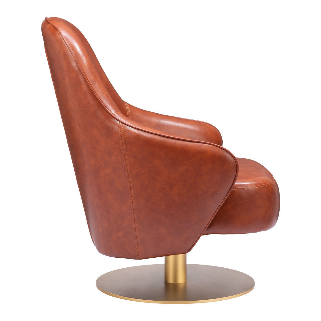 28" Brown And Gold Faux Leather And Faux Leather Swivel Arm Chair