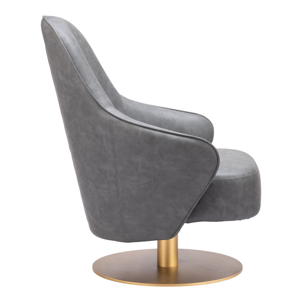 28" Gray And Gold Faux Leather And Faux Leather Swivel Arm Chair
