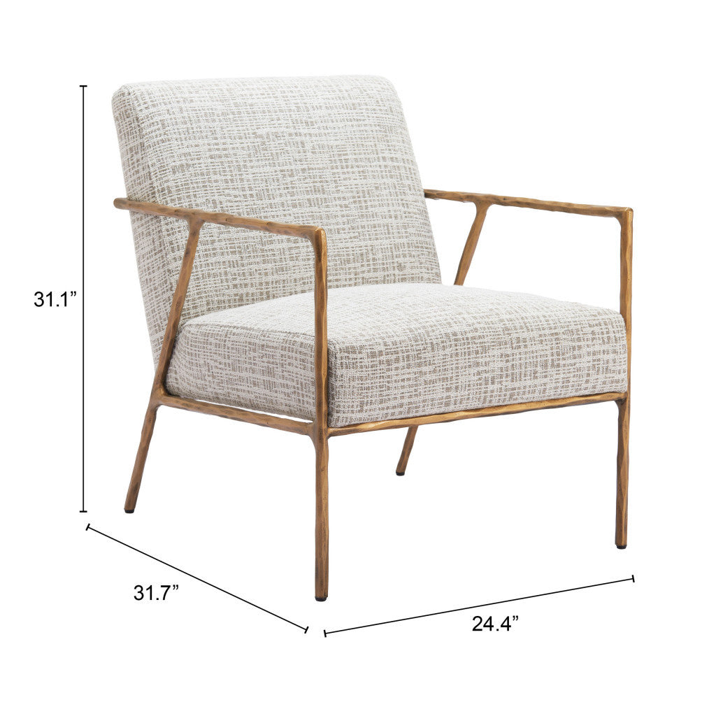 25" Beige And Gold Upholstered Arm Chair