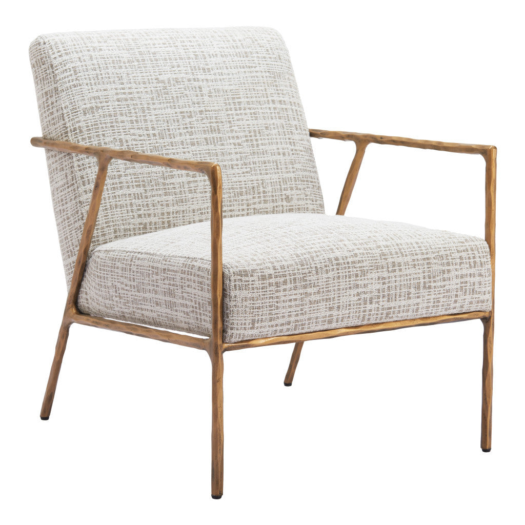 25" Beige And Gold Upholstered Arm Chair