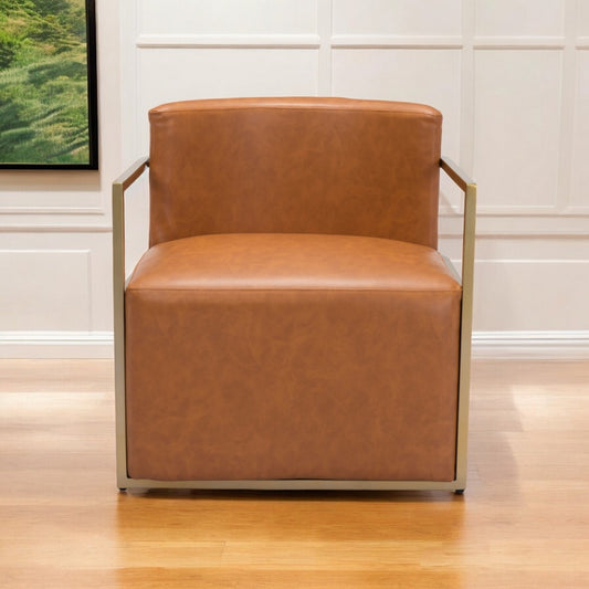 27" Brown And Gold Faux Leather And Faux Leather Arm Chair