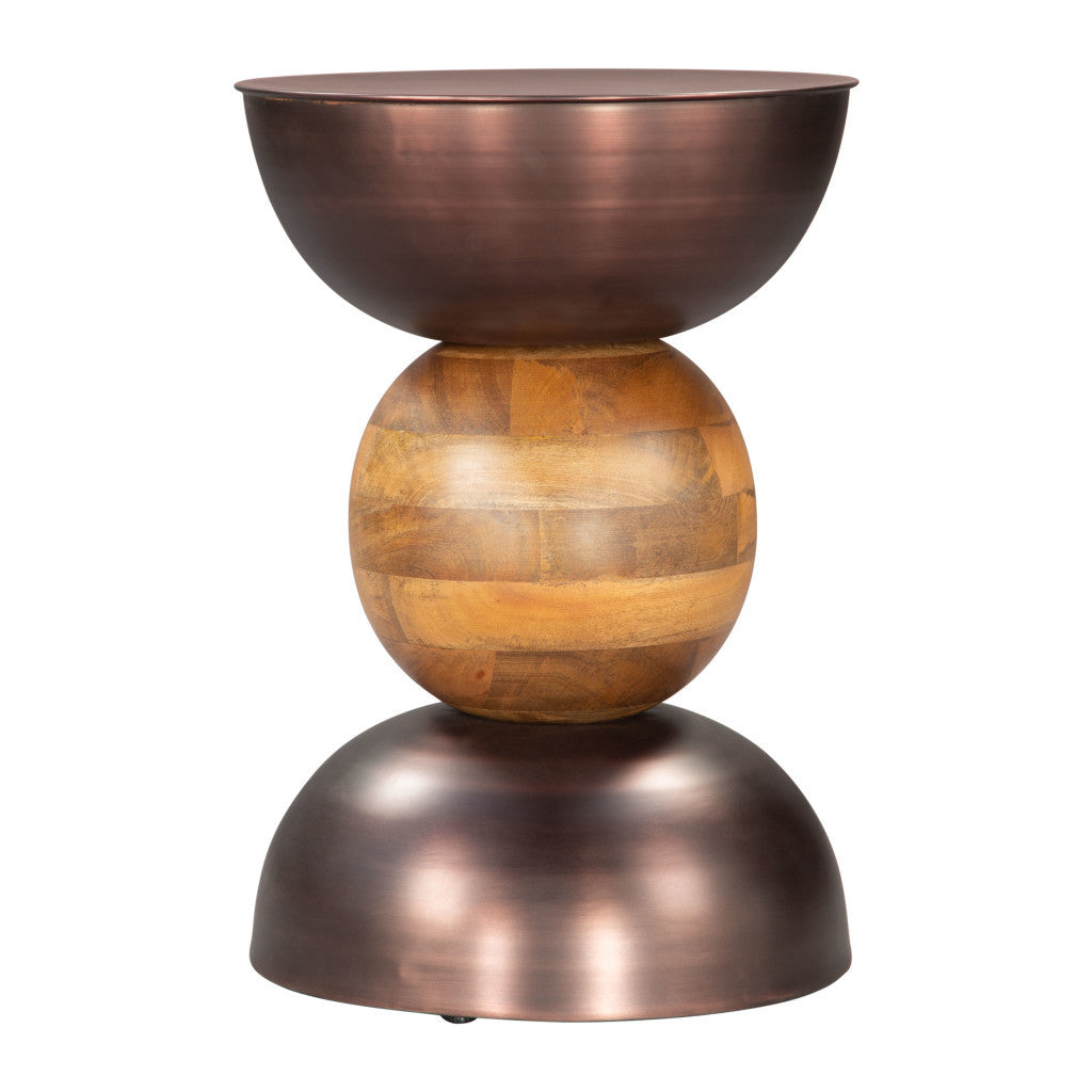 20" Bronze and Brown Iron and Solid Wood Round Pedestal End Table