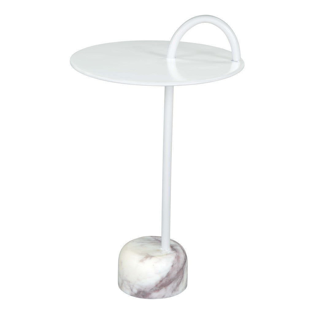25" White Iron And Marble Round Pedestal End Table
