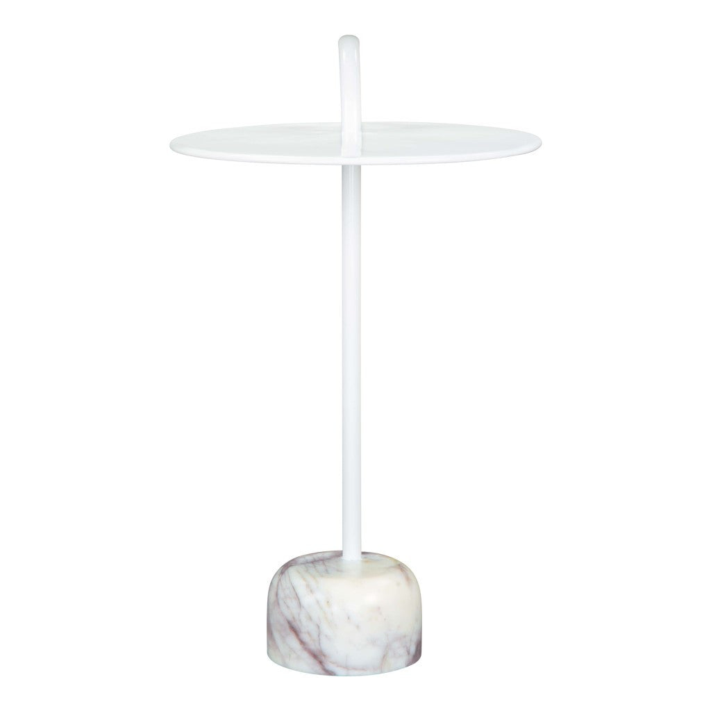 25" White Iron And Marble Round Pedestal End Table