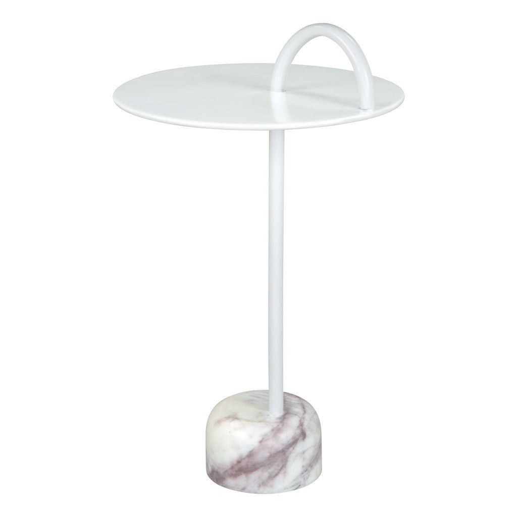25" White Iron And Marble Round Pedestal End Table