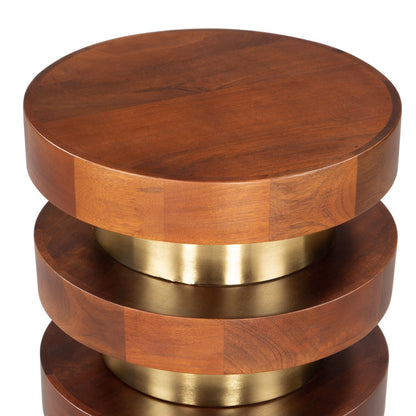 20" Brown and Gold Solid Wood and Iron Round Pedestal End Table