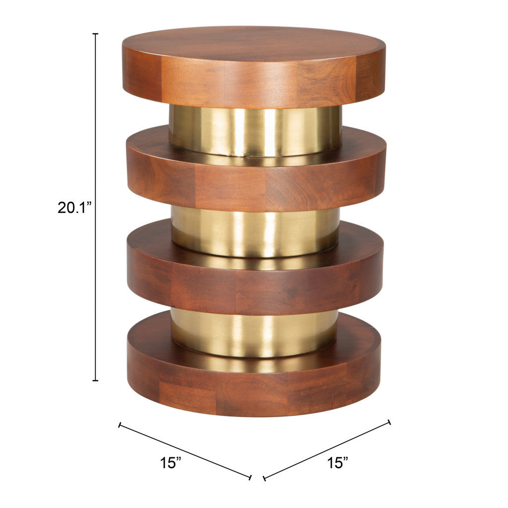 20" Brown and Gold Solid Wood and Iron Round Pedestal End Table