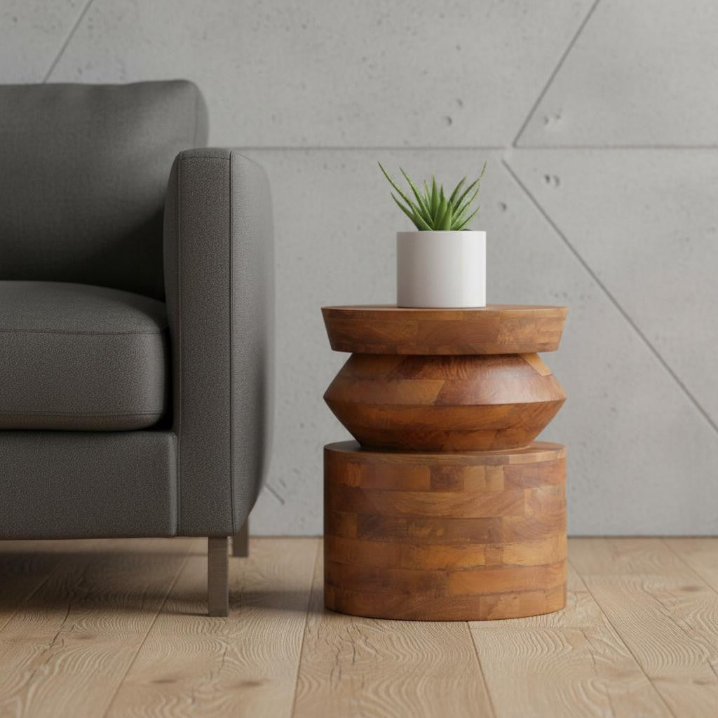 19" Brown Solid Wood Round Pedestal End Table
