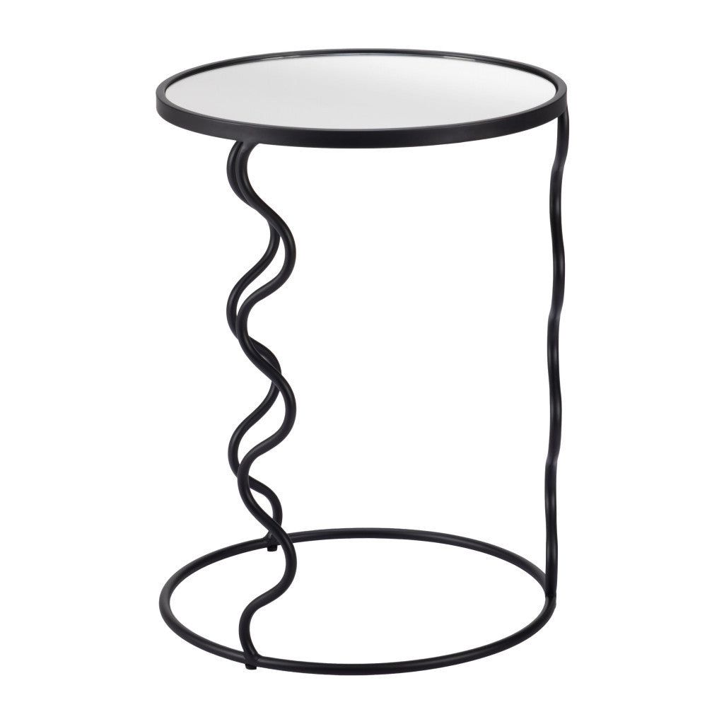 24" Black Mirrored Glass and Steel Round Abstract End Table
