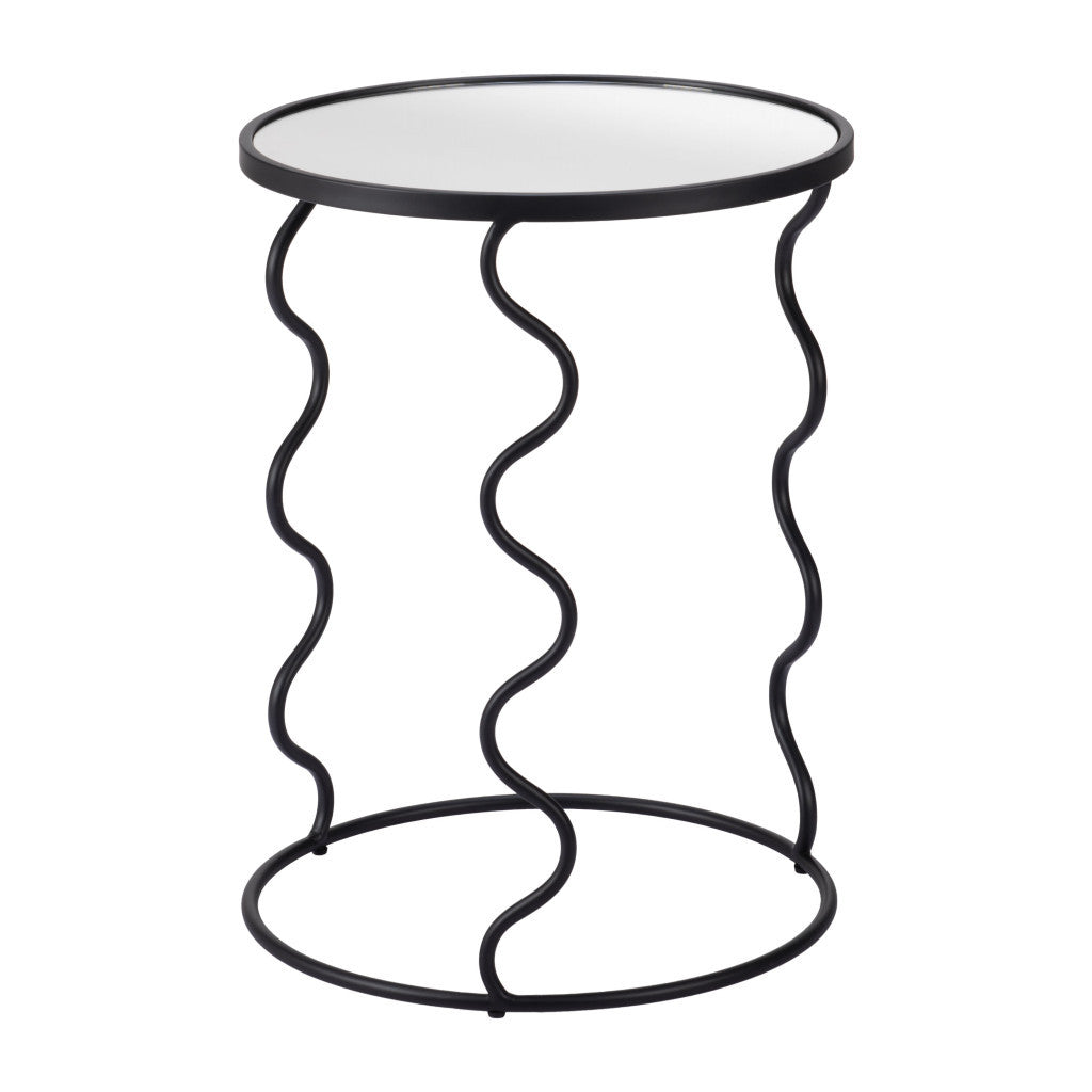 24" Black Mirrored Glass and Steel Round Abstract End Table
