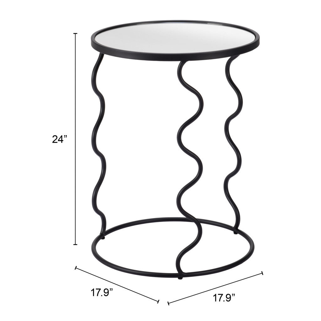 24" Black Mirrored Glass and Steel Round Abstract End Table