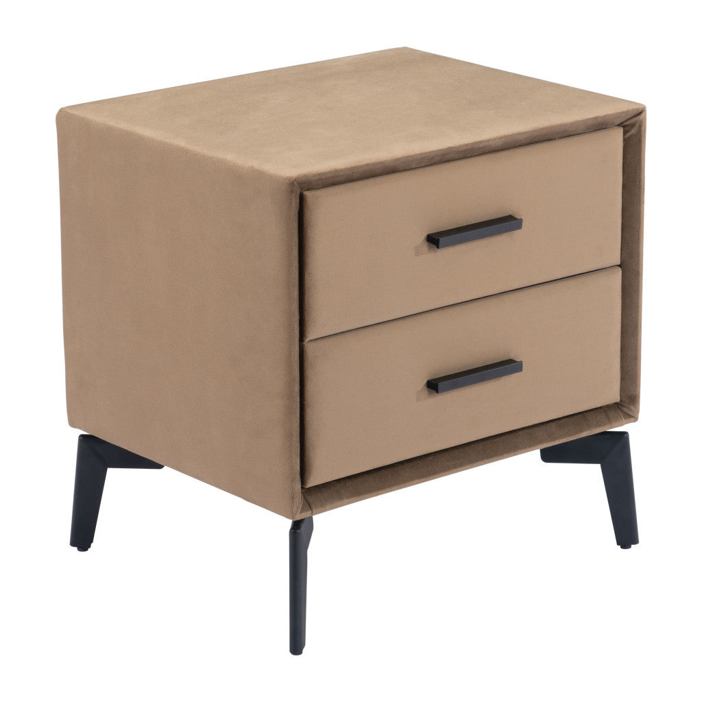 20" Brown and Black Velvet Wood and Steel End Table With Two Drawers