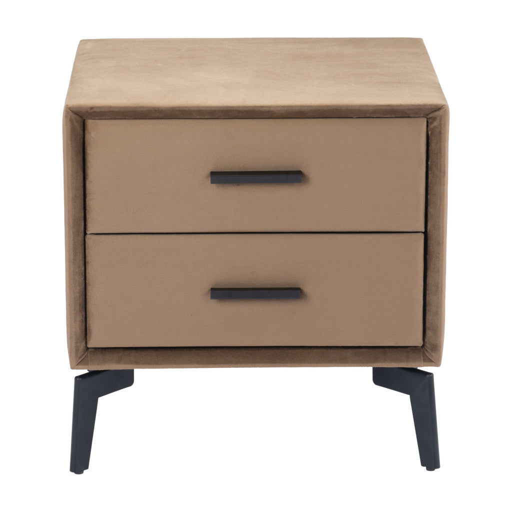 20" Brown and Black Velvet Wood and Steel End Table With Two Drawers