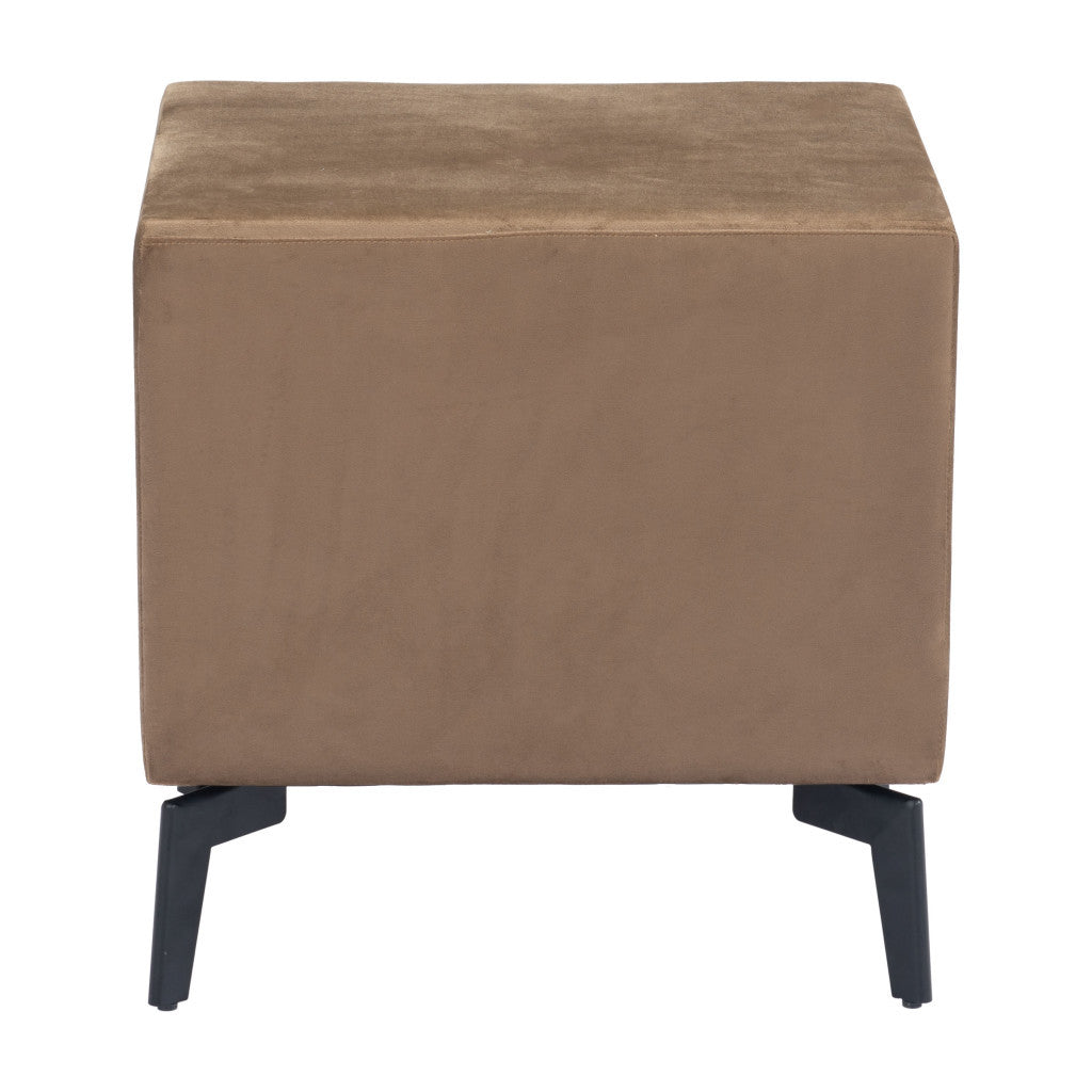 20" Brown and Black Velvet Wood and Steel End Table With Two Drawers