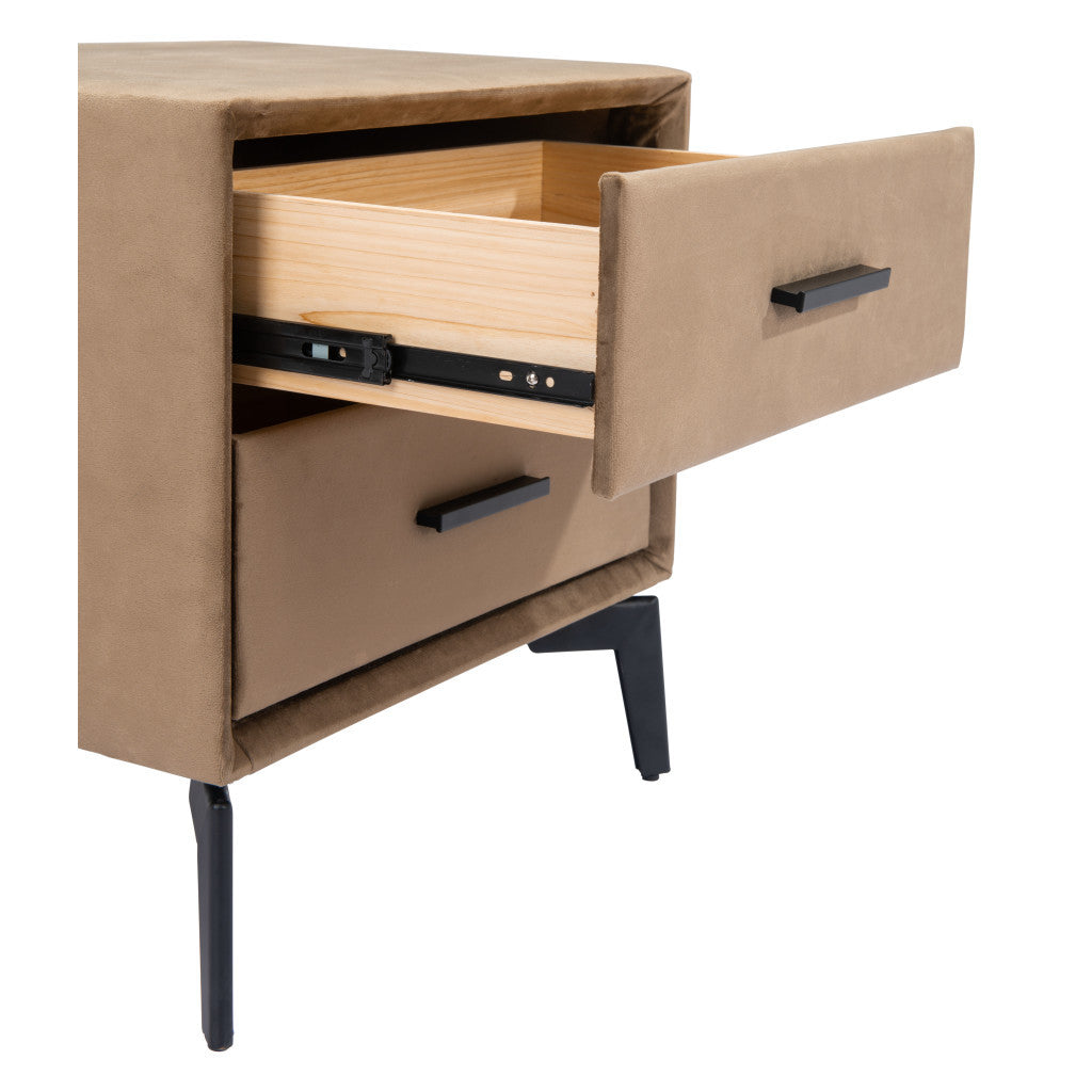20" Brown and Black Velvet Wood and Steel End Table With Two Drawers