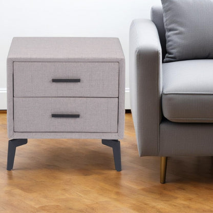 20" Gray and Black Fabric Wood and Steel End Table With Two Drawers