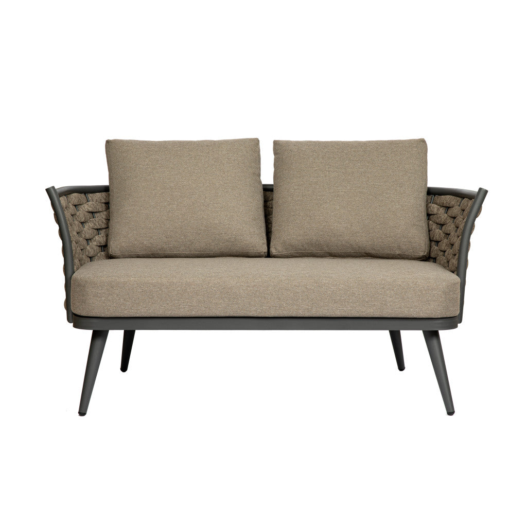 56" Dark Gray Aluminum Outdoor Love Seat with Taupe Cushions