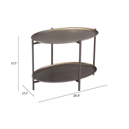 26" Antiqued Bronze and Black Steel Oval Two Tier Coffee Table