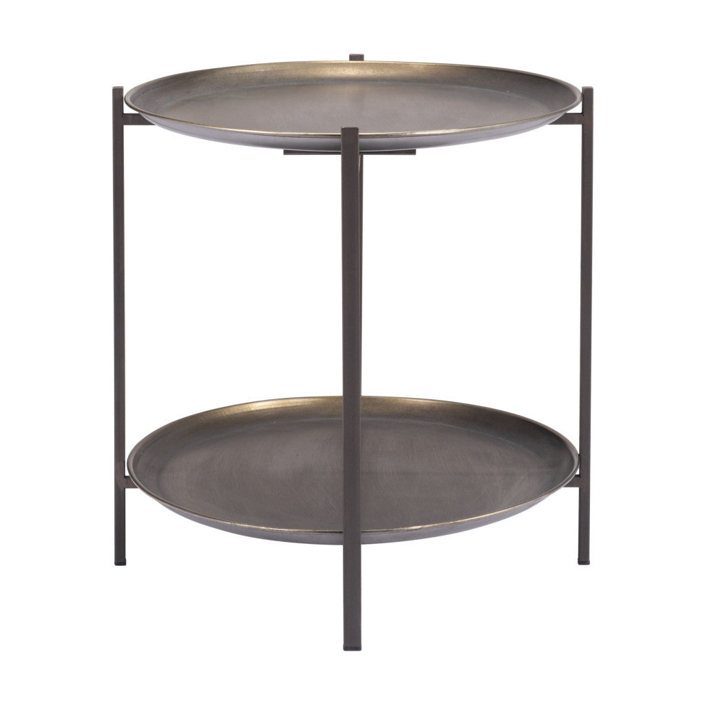 26" Antiqued Bronze and Black Steel Oval Two Tier Coffee Table