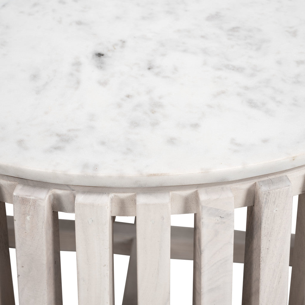 34" White and Natural Genuine Marble and Wood Round Drum Coffee Table