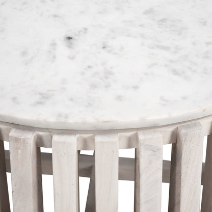 34" White and Natural Genuine Marble and Wood Round Drum Coffee Table