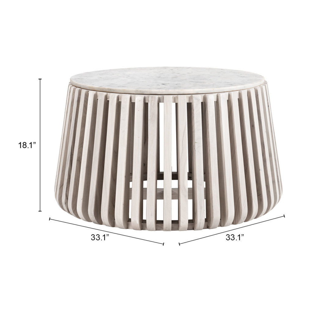 34" White and Natural Genuine Marble and Wood Round Drum Coffee Table