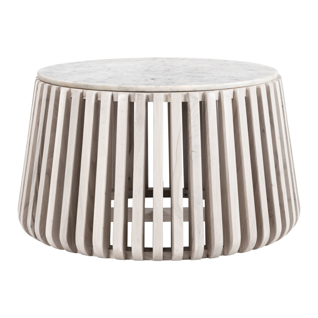 34" White and Natural Genuine Marble and Wood Round Drum Coffee Table